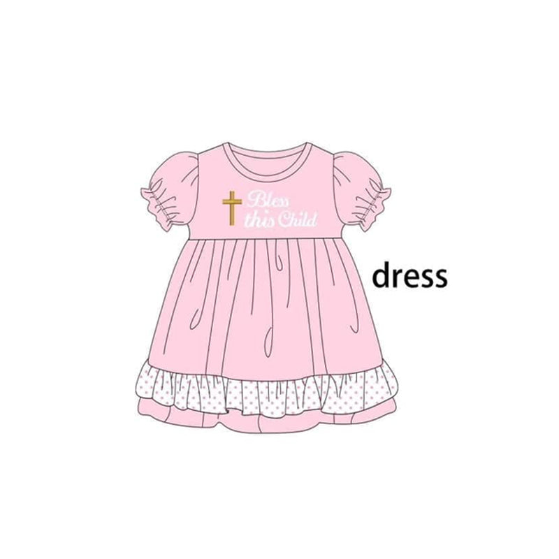 Short sleeves pink bless the child cross baby girls ruffle dress