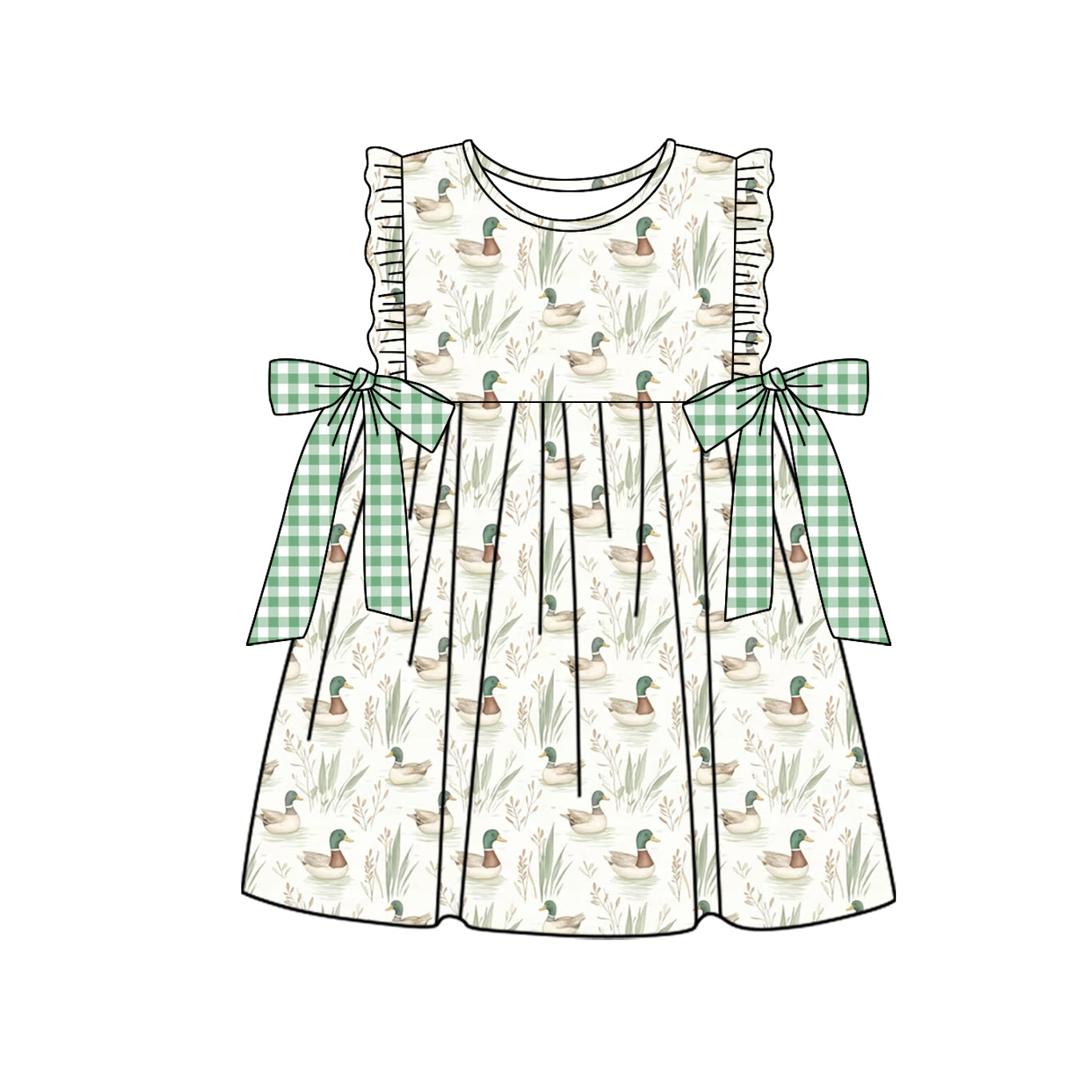 Green plaid bow duck kids girls spring summer dresses