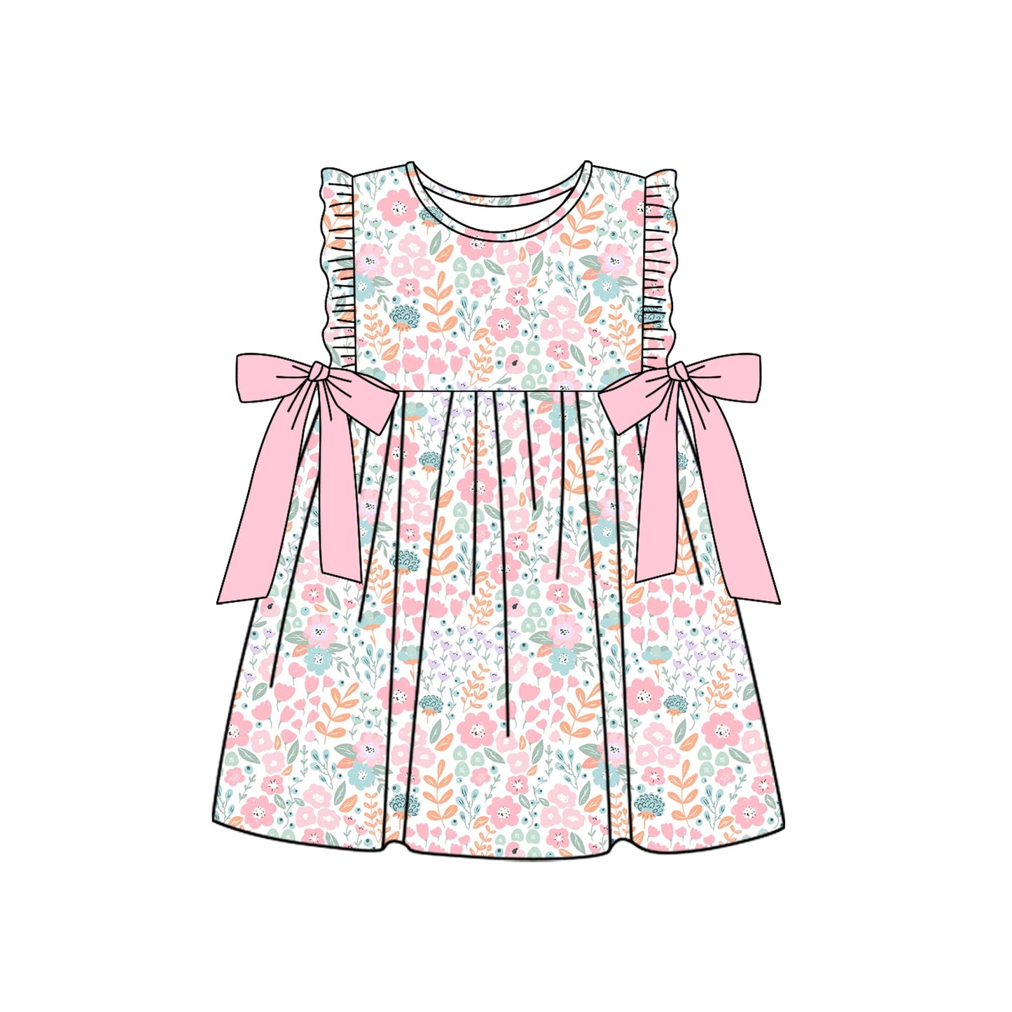 Ruffle pink floral bow kids girls spring summer dresses