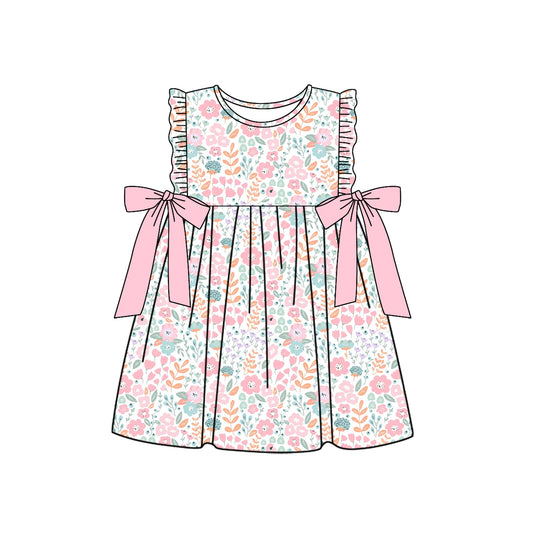 Ruffle pink floral bow kids girls spring summer dresses