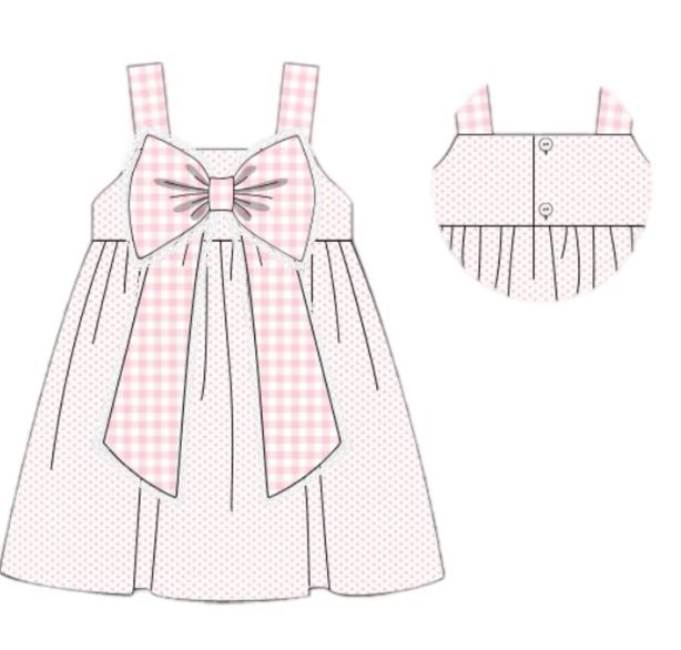 Pink plaid bow polka dots straps girls summer dresses