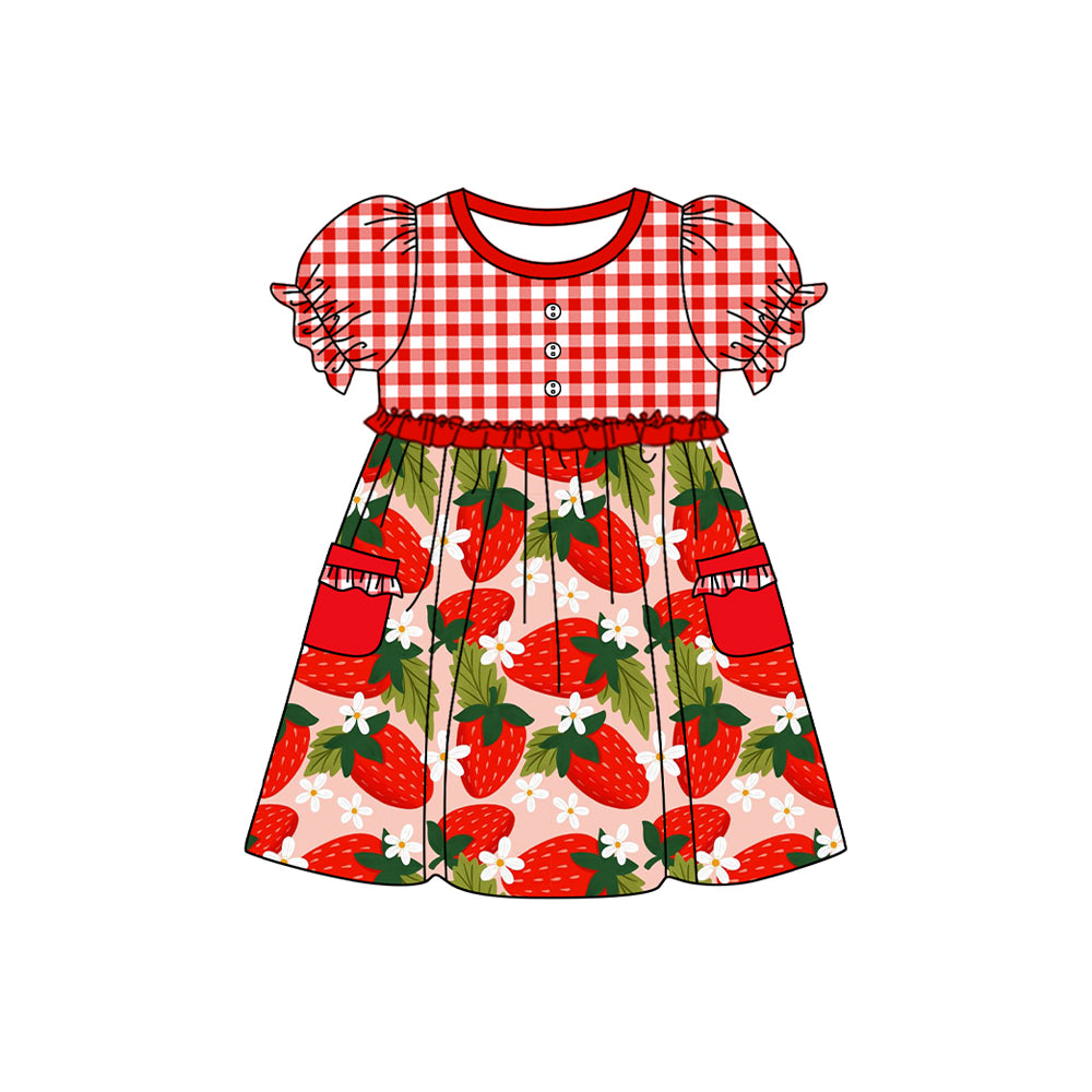 Red plaid short sleeves strawberry baby girls dresses