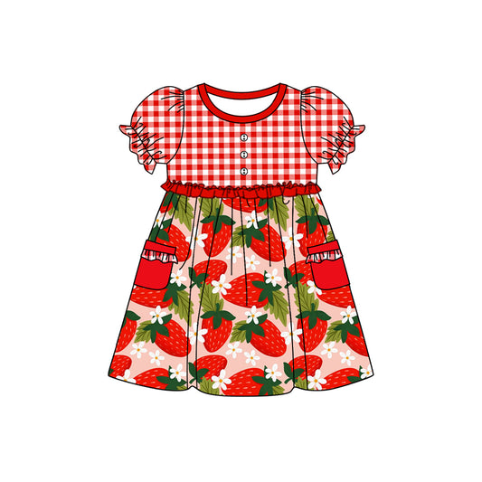 Red plaid short sleeves strawberry baby girls dresses