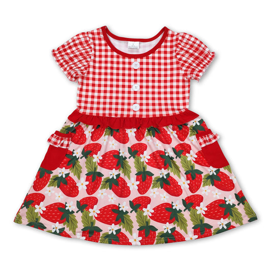 Red plaid short sleeves strawberry baby girls dresses
