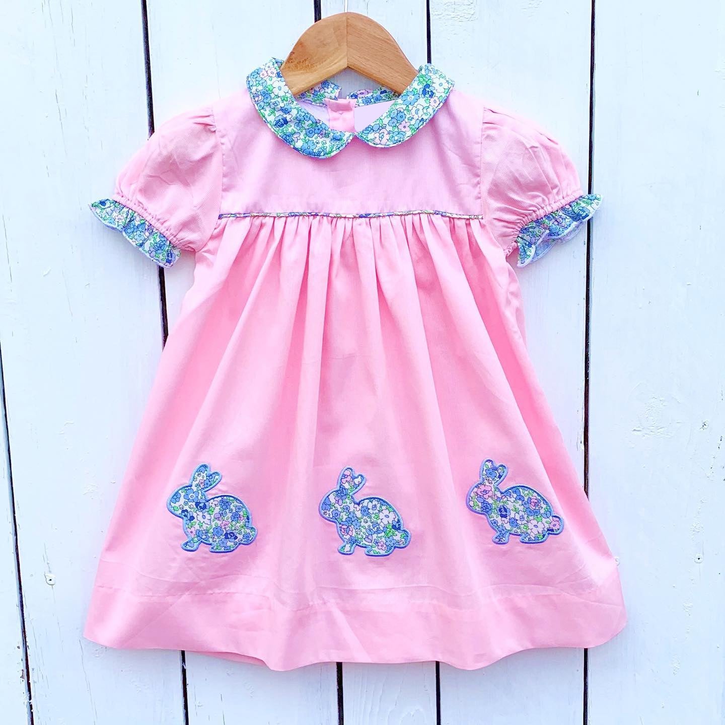 Pink short sleeves floral bunny baby girls Easter dress