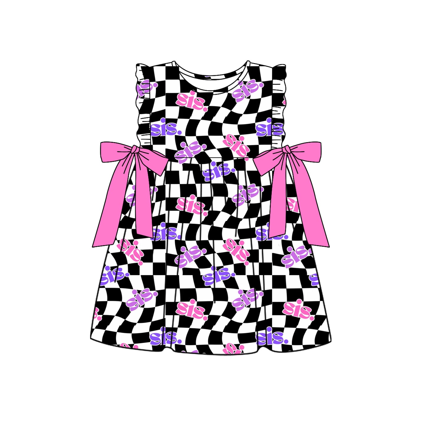 Pink bow ruffle black plaid sister baby girls dresses