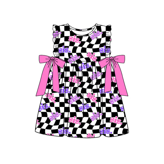 Pink bow ruffle black plaid sister baby girls dresses