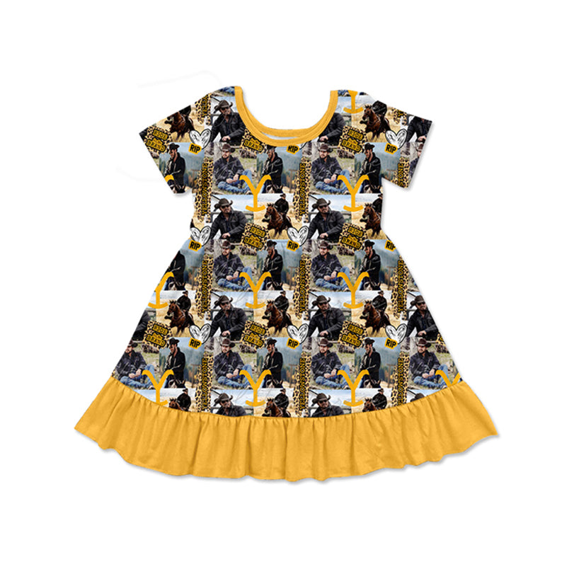 Short sleeves yellow ruffle leopard singer girls dresses