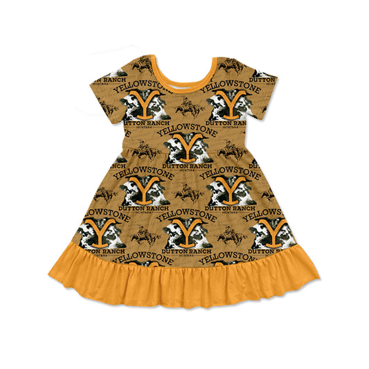 Short sleeves yellow ruffle horse singer girls dresses