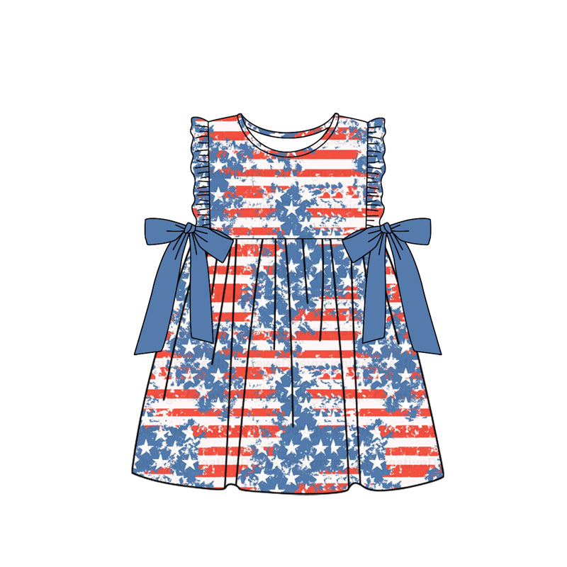 Blue bow ruffle stars stripe baby girls 4th of july dresses