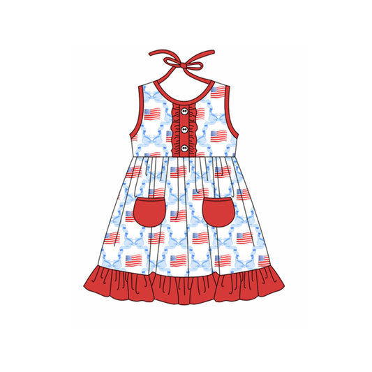 Sleeveless bow flag baby girls 4th of july dresses