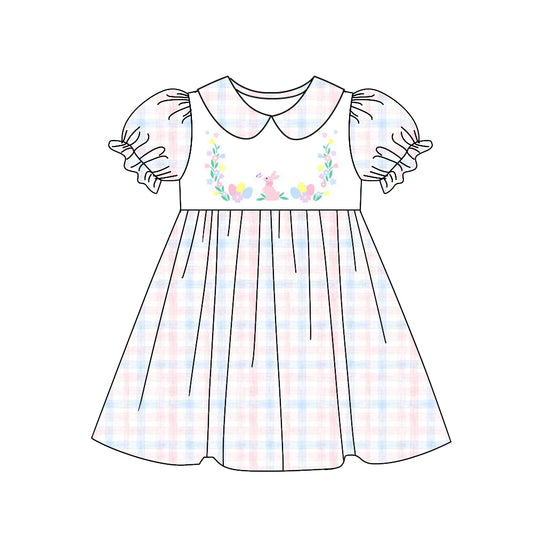 Short sleeves plaid bunny floral baby girls Easter dress