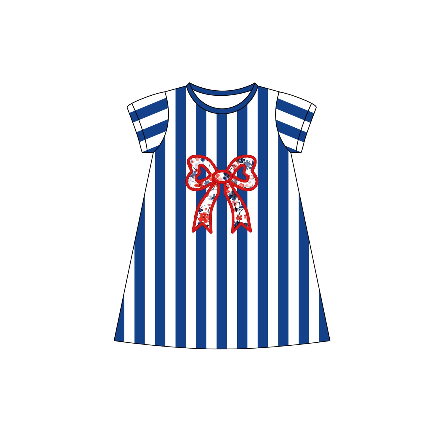 Blue stripe short sleeves floral bow baby girls dresses