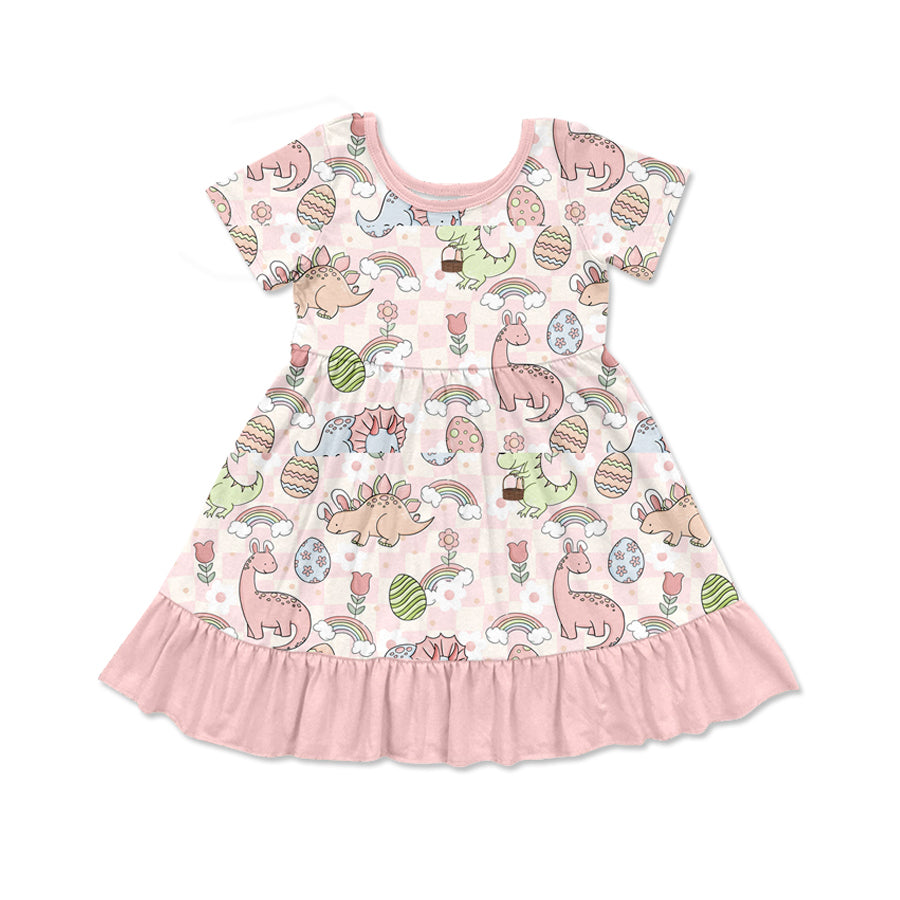 Short sleeves dinosaur eggs kids girls Easter dresses