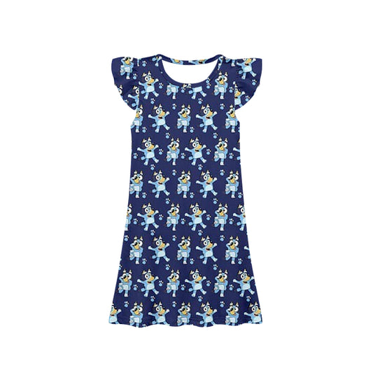 Flutter sleeves blue dog kids girls dresses