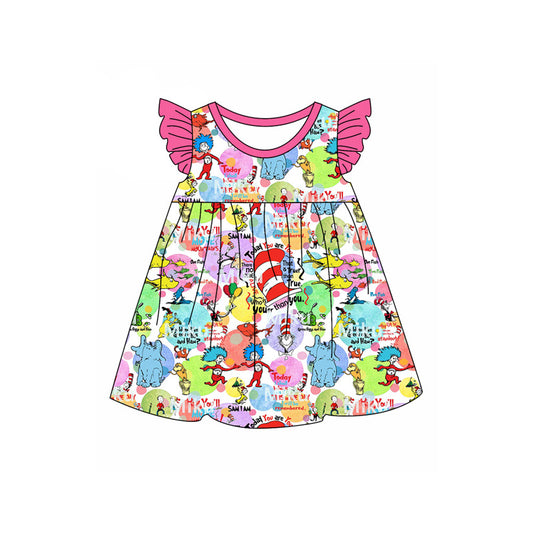 Pink flutter sleeves elephant cat hat baby girls dresses