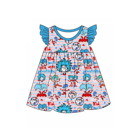 Blue flutter sleeves stripe cat hat baby girls dresses