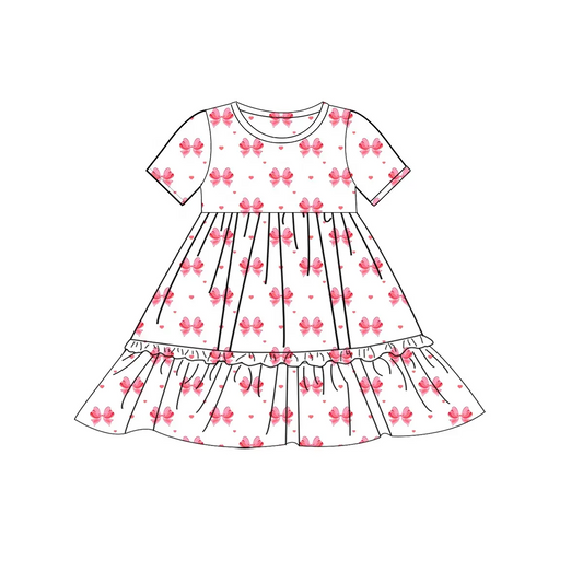 Short sleeves pink bow ruffle kids girls dresses