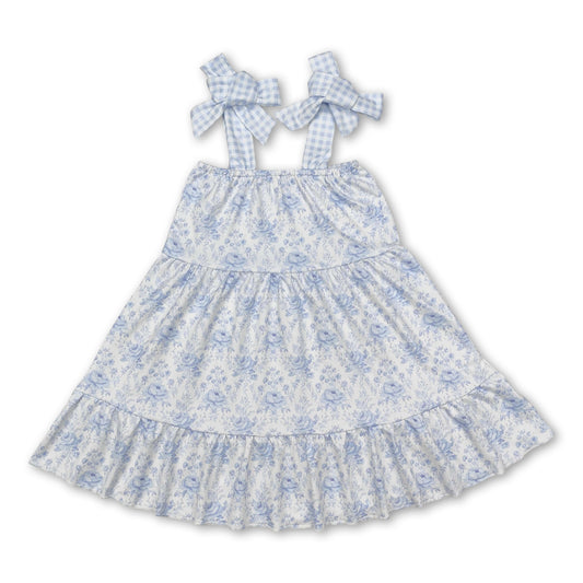 Light blue plaid straps floral ruffle baby girls dresses