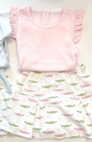 Flutter sleeves pink top crocodile skirt girls clothing set