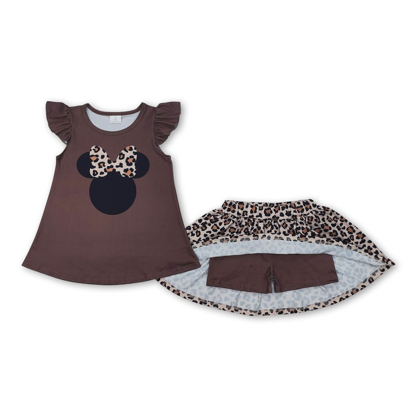 Flutter sleeves mouse top leopard skirt girls clothing set