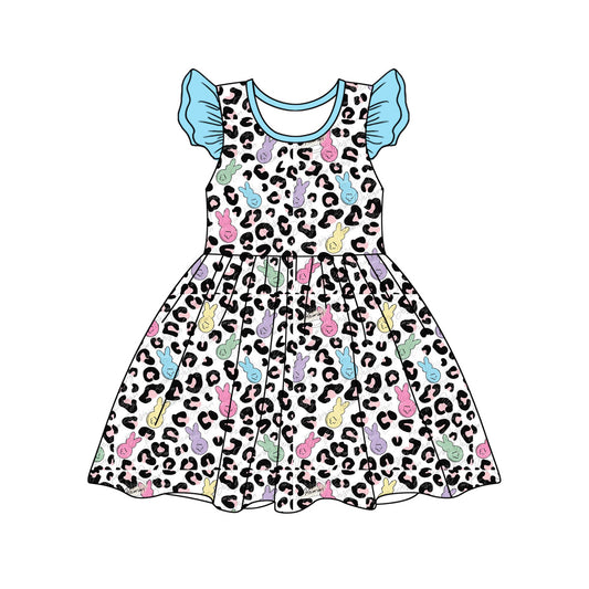 Flutter sleeves leopard bunny baby girls Easter dresses