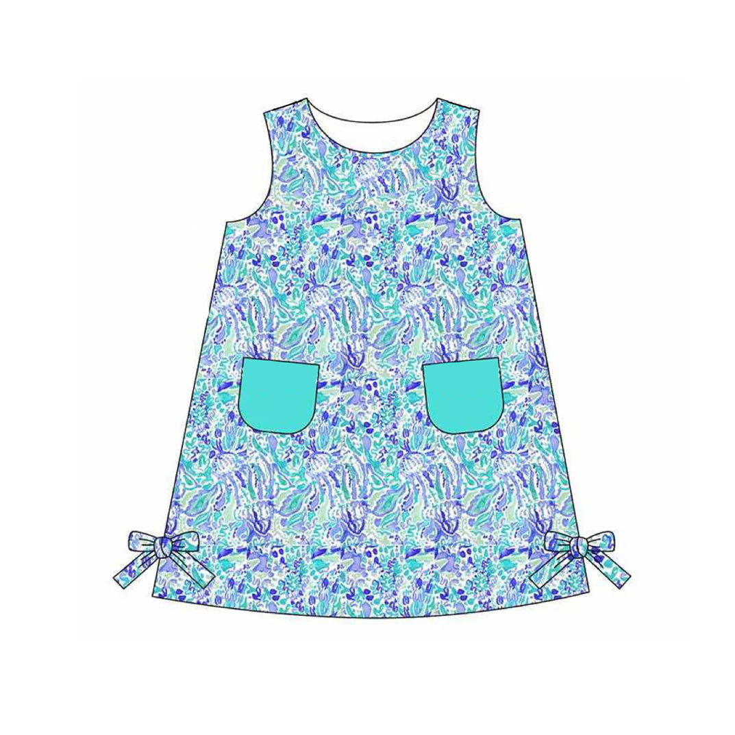 Sleeveless pockets watercolor print baby girls summer dress