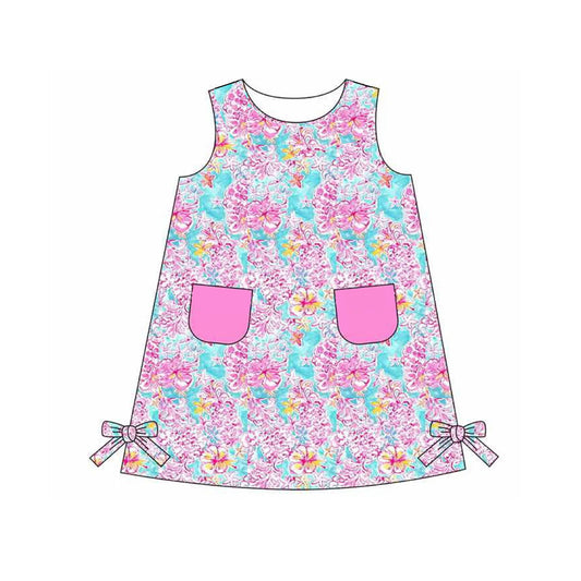 Sleeveless pink pockets watercolor floral baby girls dress