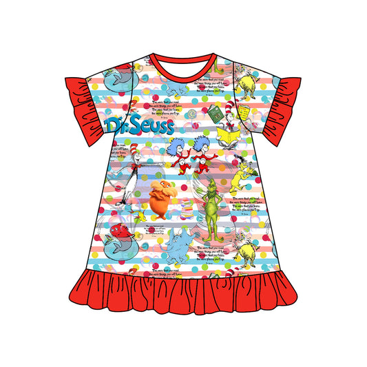 Short sleeves stripe cat hat fish elephant girls night dress