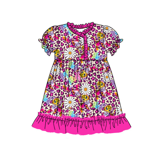 Short sleeves hot pink leopard ruffle tiger girls night dress