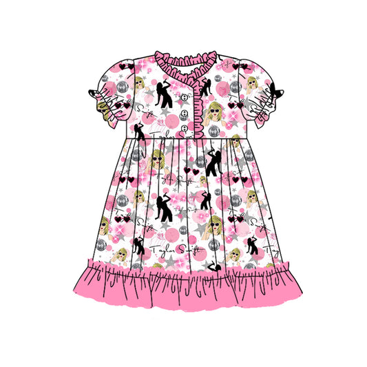 Short sleeves pink stars bubble ruffle singer girls night dress