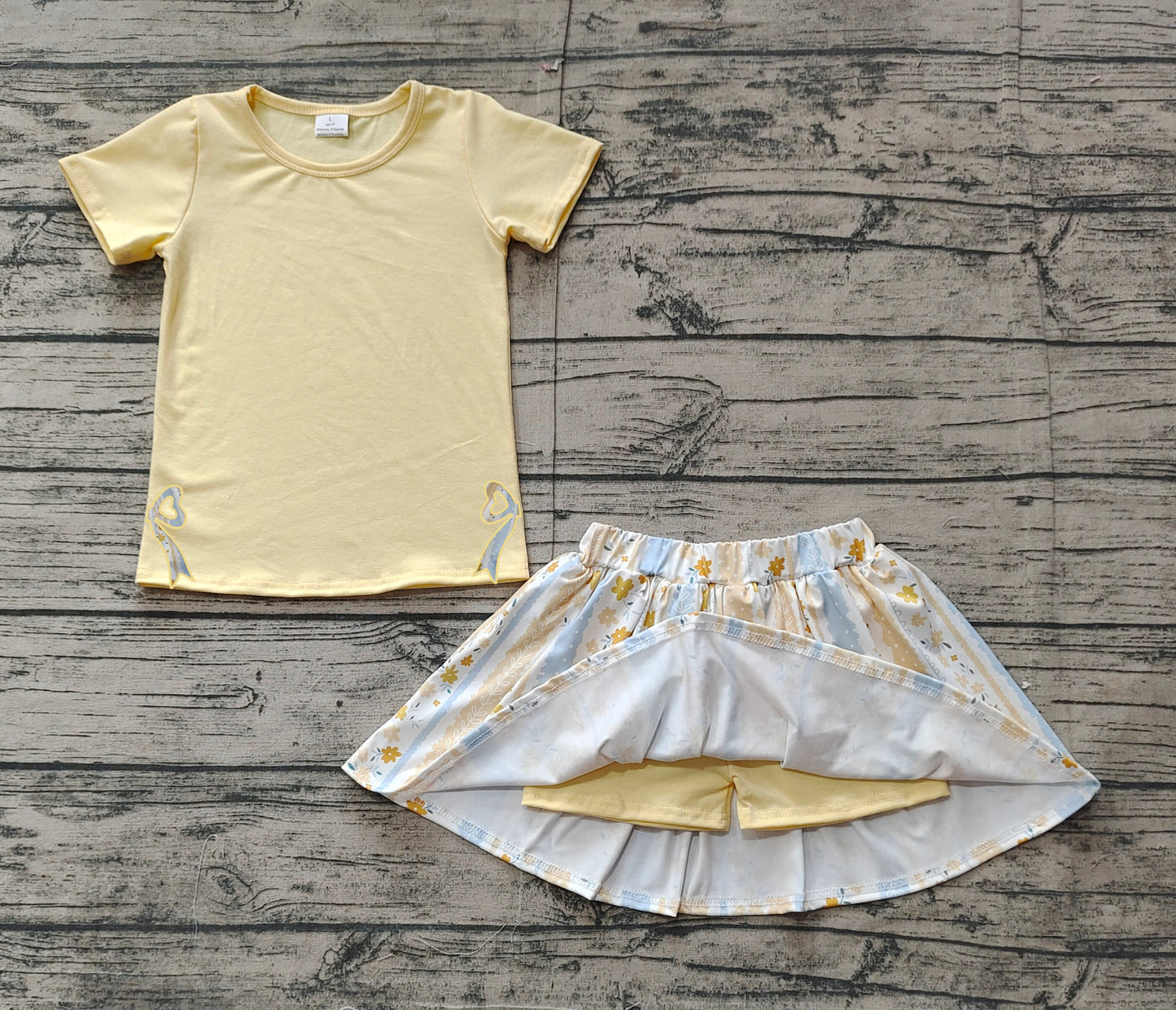 Yellow short sleeves bow top floral skirt kids girls clothes