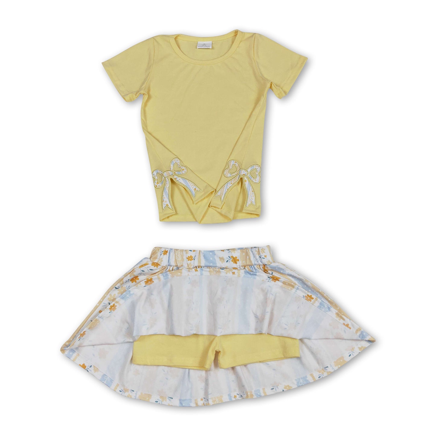 Yellow short sleeves bow top floral skirt kids girls clothes
