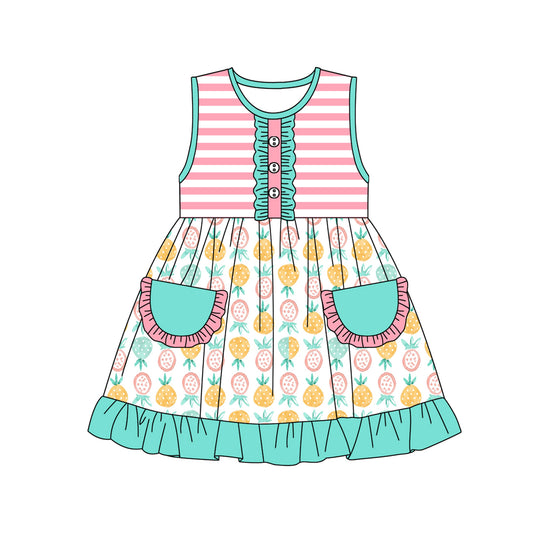 Sleeveless pink stripe pineapple ruffle baby girls dresses