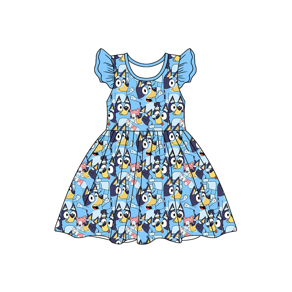 Flutter sleeves blue dog baby girls dresses