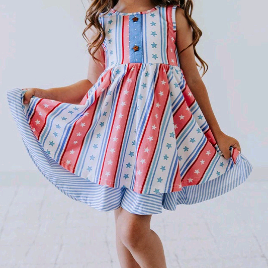 Sleeveless stars stripe kids girls 4th of july dresses