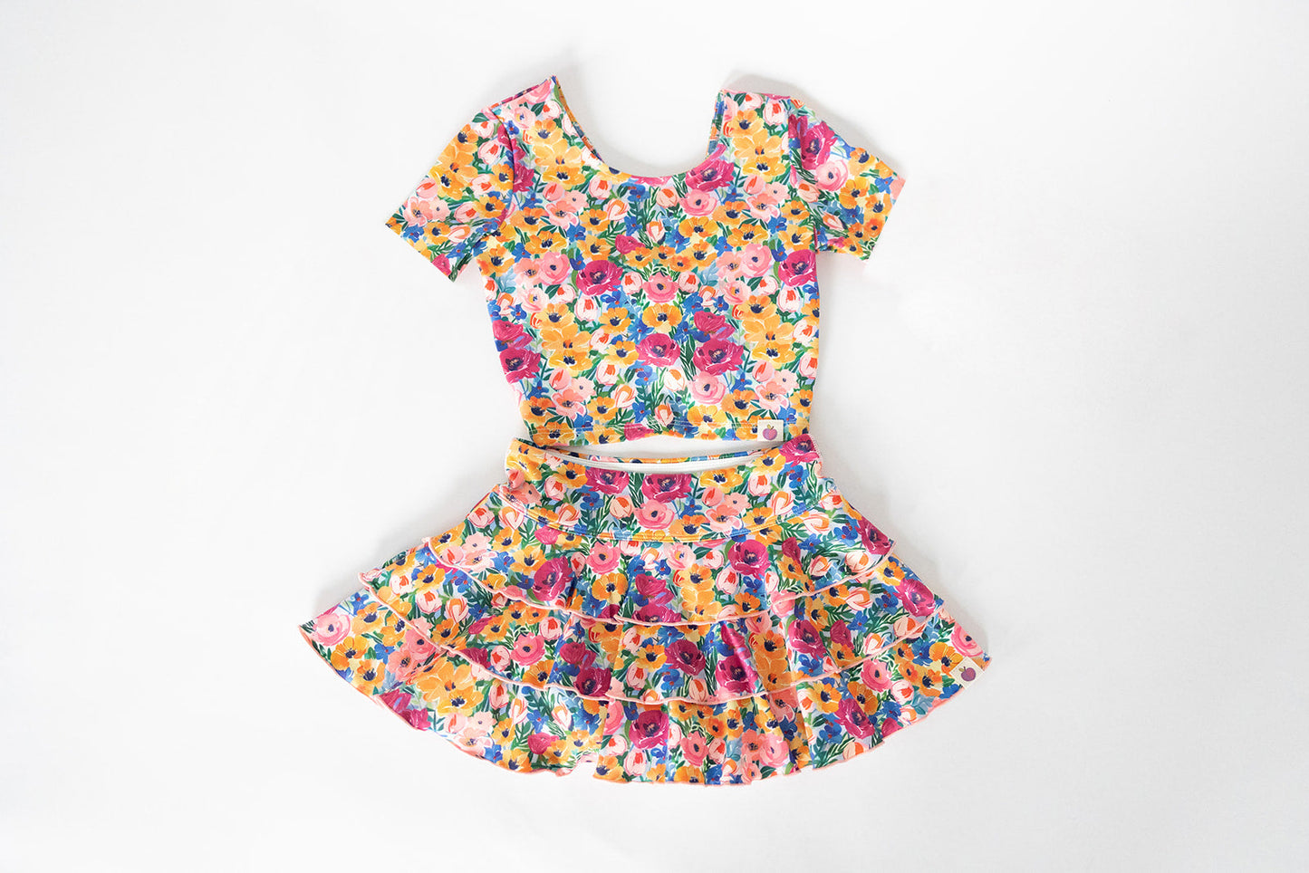 Short sleeves yellow floral top ruffle skirt girls clothes