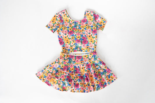 Short sleeves yellow floral top ruffle skirt girls clothes