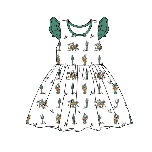Green flutter sleeves cactus rodeo western baby girls dress