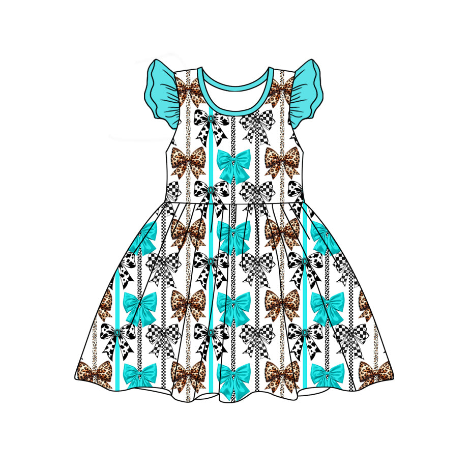 Flutter sleeves leopard cow print bow baby girls dresses