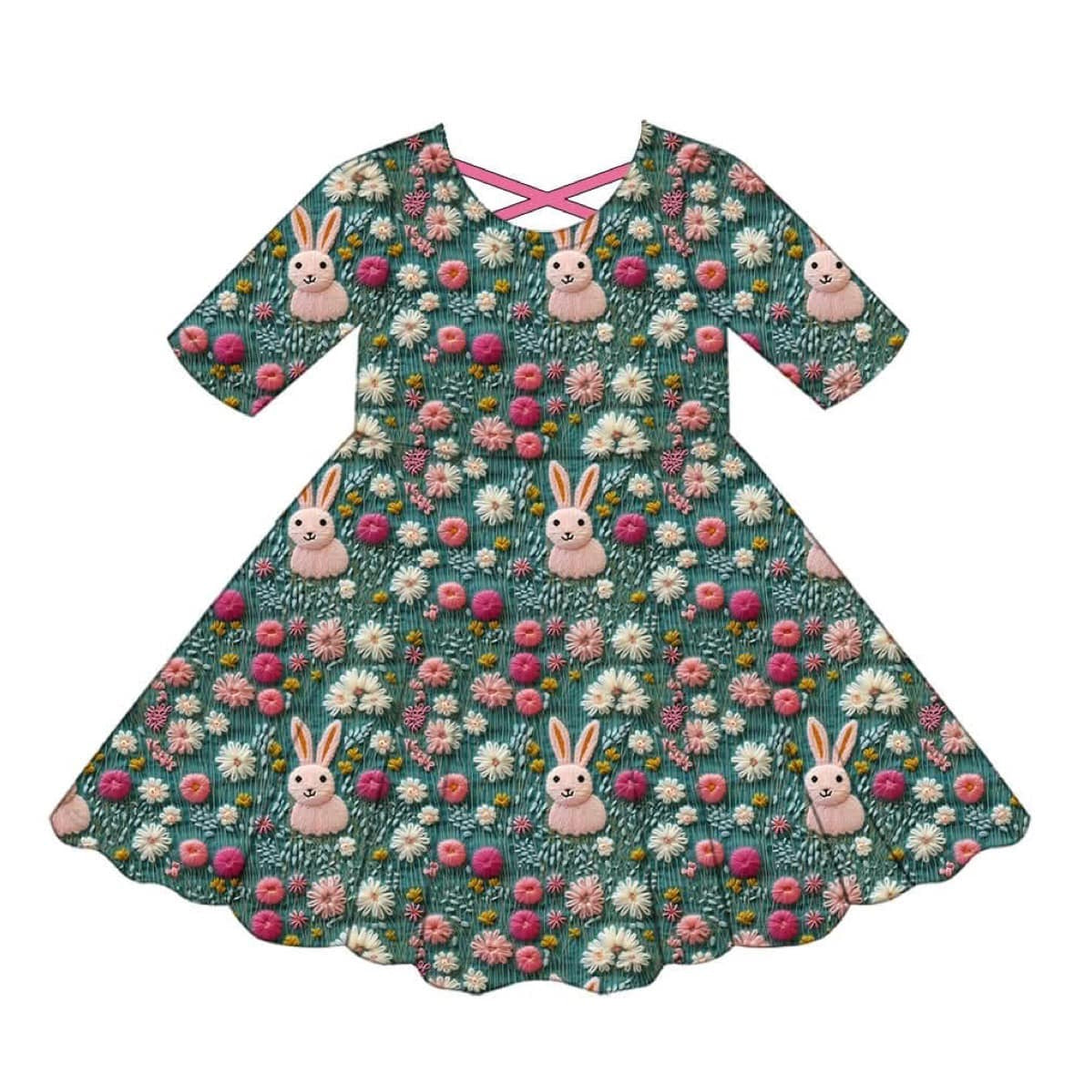 Short sleeves bunny floral baby girls Easter dresses