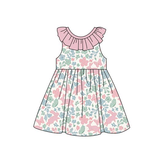 Sleeveless pink ruffle bunny floral baby girls Easter dress