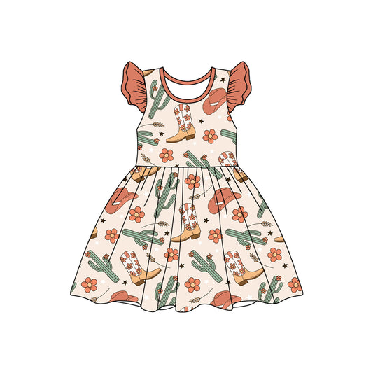 Flutter sleeves cactus floral boots western girls dresses