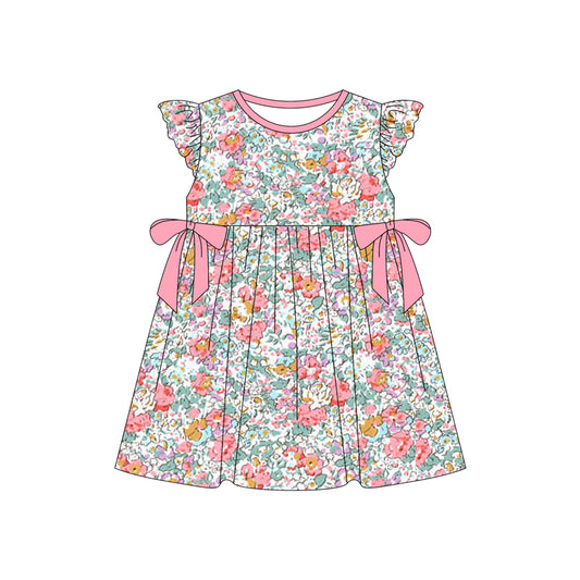 Peach bow flutter sleeves floral baby girls summer dress