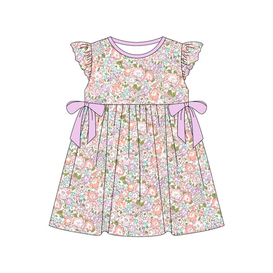 Lavender bow flutter sleeves floral baby girls summer dress