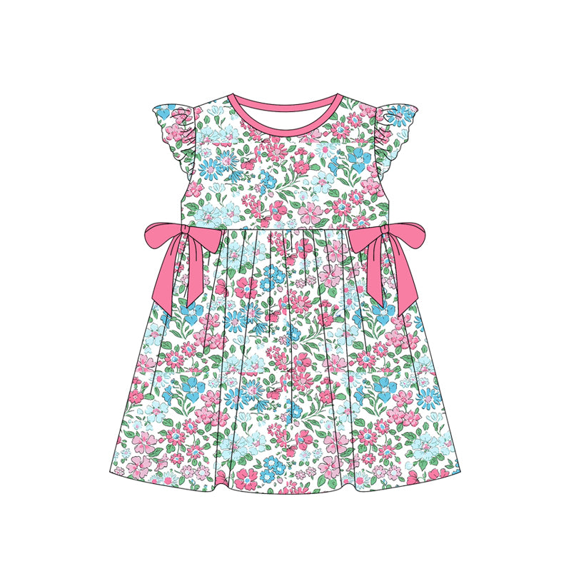 Pink bow flutter sleeves floral baby girls summer dress