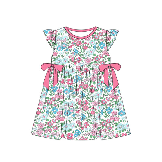 Pink bow flutter sleeves floral baby girls summer dress