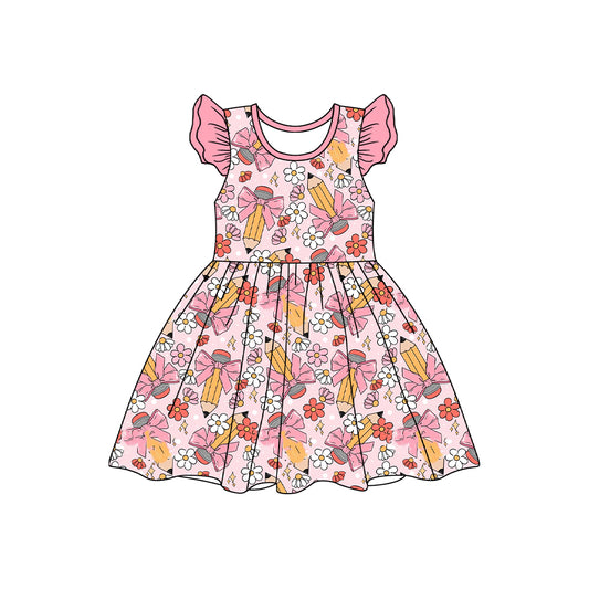 Flutter sleeves floral pencil bow girls back to school dress