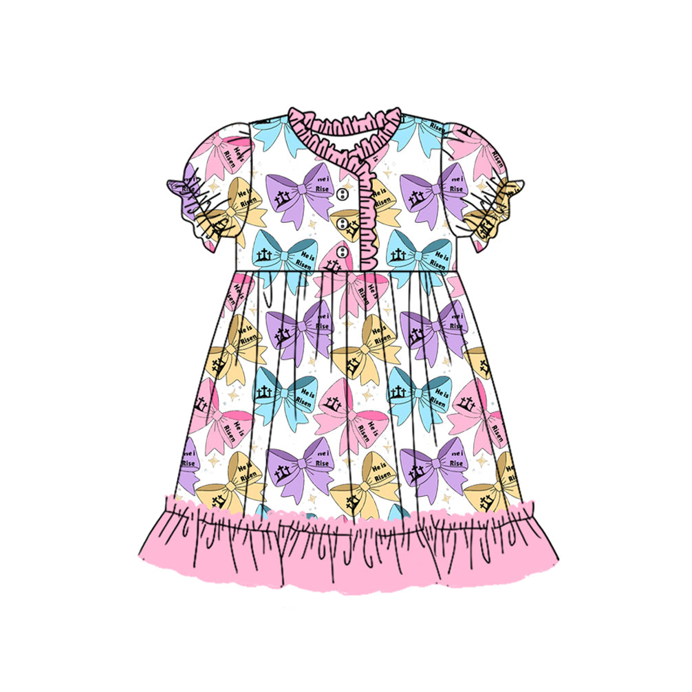 Cross he is risen bow short sleeves girls Easter night dress