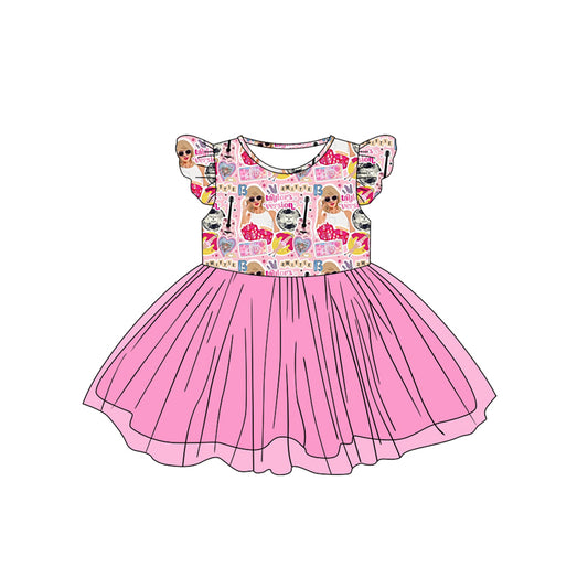 Flutter sleeves heart guitar pink singer girls tulle dresses